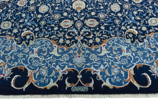 Full view of 2000s Kashan rug from Iran / Persia, 420 × 300 cm in Blue tones