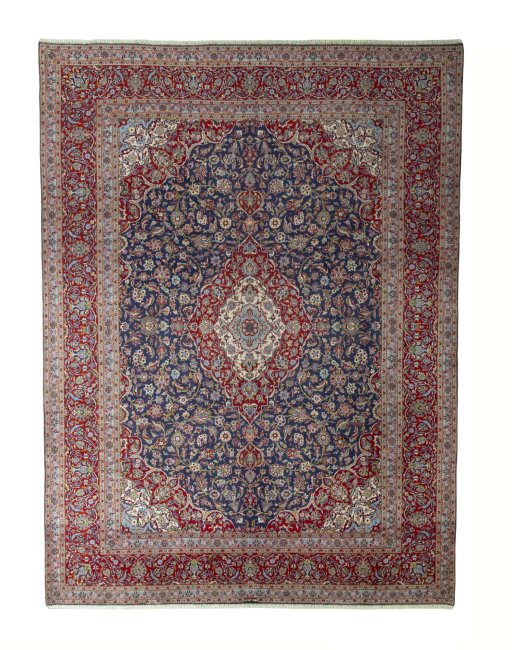 Full view of 2000s Kashan rug from Iran / Persia, 400 × 300 cm in Blue tones