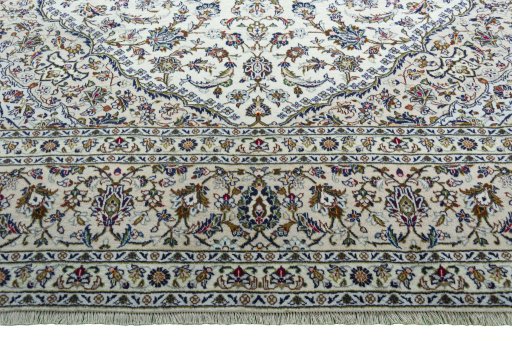 Full view of 2000s Kashan rug from Iran / Persia, 408 × 300 cm in Beige tones