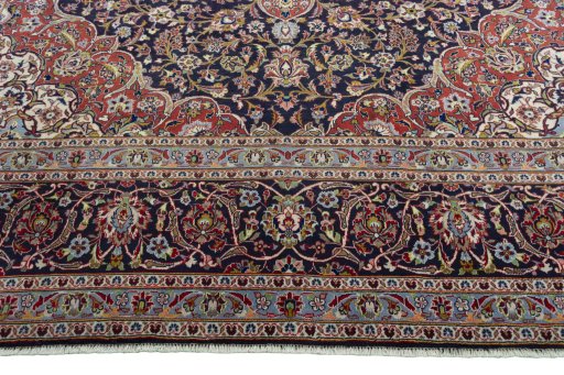 Full view of 2000s Kashan rug from Iran / Persia, 412 × 309 cm in Blue tones