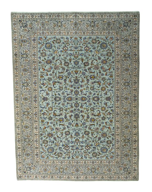 Full view of 2000s Kashan rug from Iran / Persia, 370 × 276 cm in Green tones