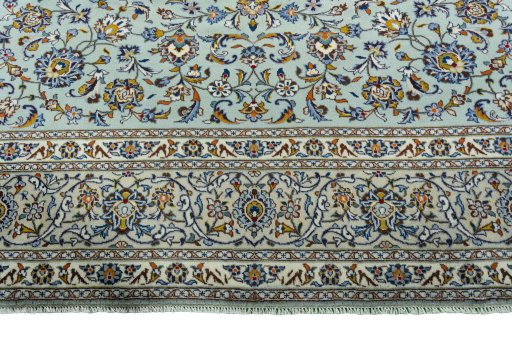 Full view of 2000s Kashan rug from Iran / Persia, 370 × 276 cm in Green tones