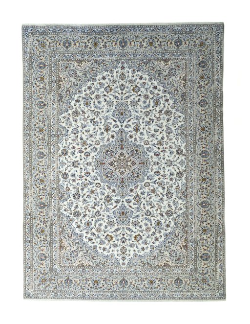 Full view of 2000s Kashan rug from Iran / Persia, 405 × 298 cm in Beige tones