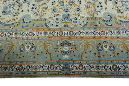 Full view of 2000s Kashan rug from Iran / Persia, 412 × 306 cm in Green tones