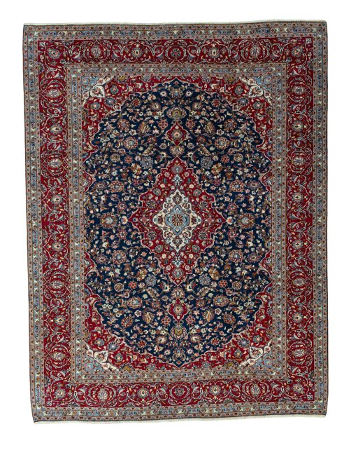 Full view of 2000s Kashan rug from Iran / Persia, 405 × 311 cm in Blue tones