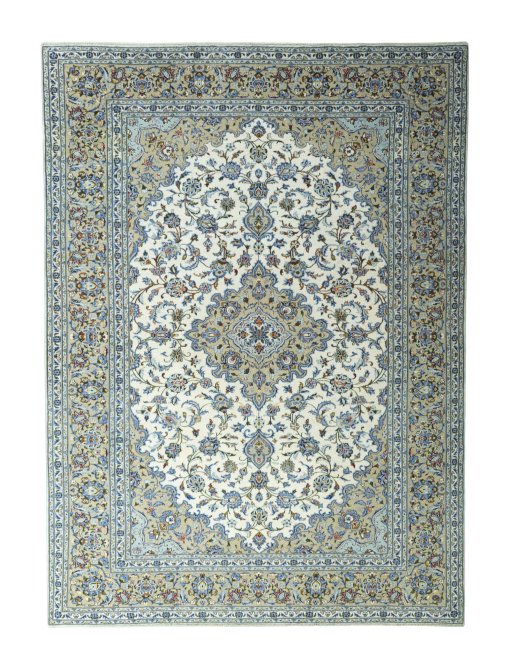 Full view of 2000s Kashan rug from Iran / Persia, 347 × 252 cm in Beige tones