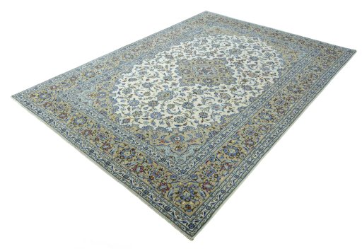 Corner detail of 2000s Kashan rug showing border pattern and Wool pile