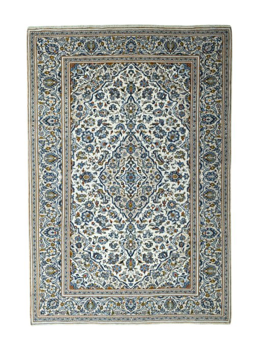 Full view of 2000s Kashan rug from Iran / Persia, 358 × 246 cm in Beige tones