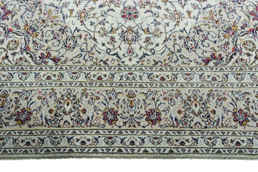 Full view of 2000s Kashan rug from Iran / Persia, 355 × 248 cm in Beige tones