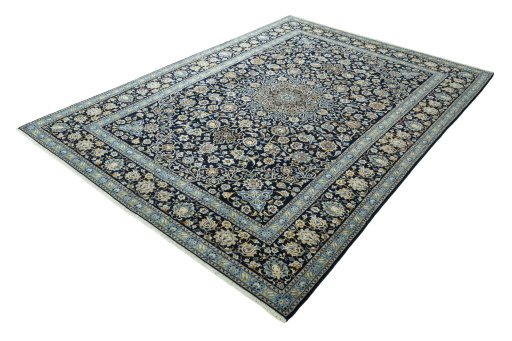 Corner detail of 2000s Kashan rug showing border pattern and Wool pile