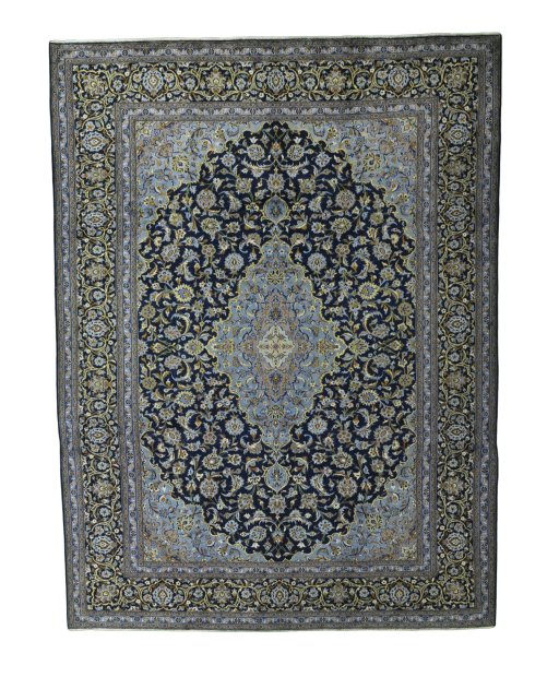 Full view of 1970s Kashan rug from Iran / Persia, 400 × 300 cm in Blue tones
