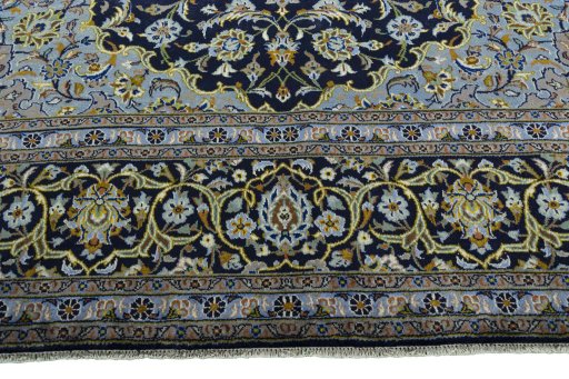 Full view of 1970s Kashan rug from Iran / Persia, 400 × 300 cm in Blue tones