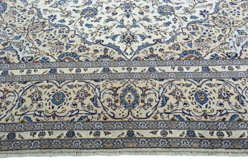 Full view of 2000s Kashan rug from Iran / Persia, 408 × 293 cm in Beige tones