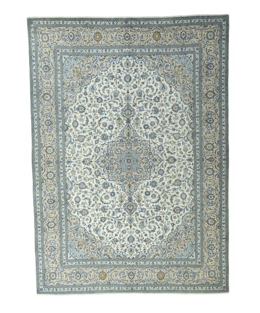 Full view of 2000s Kashan rug from Iran / Persia, 423 × 303 cm in Beige tones
