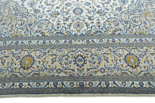 Full view of 2000s Kashan rug from Iran / Persia, 423 × 303 cm in Beige tones
