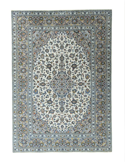 Full view of 2000s Kashan rug from Iran / Persia, 342 × 242 cm in Beige tones