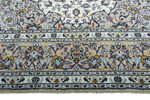 Full view of 2000s Kashan rug from Iran / Persia, 342 × 242 cm in Beige tones