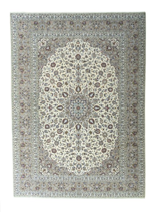 Full view of 2000s Kashan rug from Iran / Persia, 351 × 255 cm in Beige tones