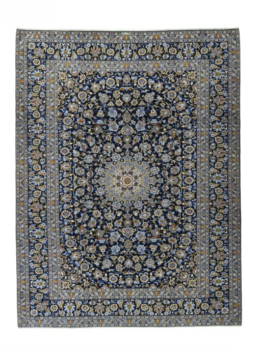 Full view of 2000s Kashan rug from Iran / Persia, 385 × 293 cm in Blue tones
