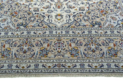 Full view of 2000s Kashan rug from Iran / Persia, 363 × 248 cm in Beige tones