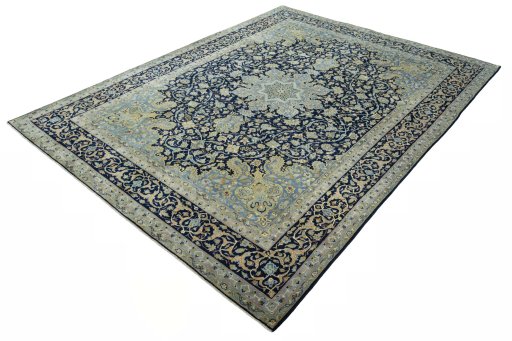 Corner detail of 2000s Kashan rug showing border pattern and Cork pile