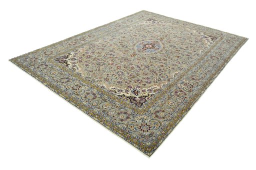 Corner detail of 2000s Kashan rug showing border pattern and Wool pile