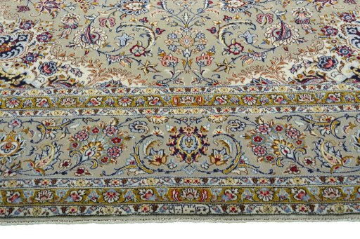 Full view of 2000s Kashan rug from Iran / Persia, 405 × 300 cm in Beige tones