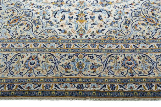Full view of 2000s Kashan rug from Iran / Persia, 415 × 300 cm in Beige tones