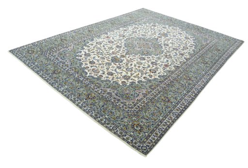 Corner detail of 2000s Kashan rug showing border pattern and Wool pile