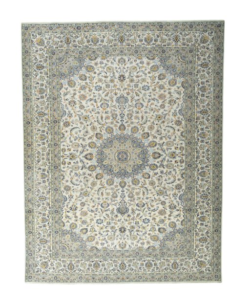 Full view of 2000s Kashan rug from Iran / Persia, 387 × 297 cm in Beige tones