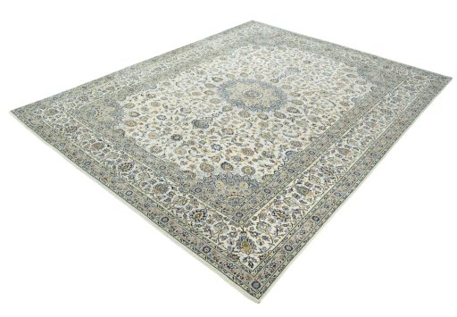 Corner detail of 2000s Kashan rug showing border pattern and Wool pile