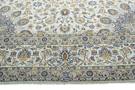 Full view of 2000s Kashan rug from Iran / Persia, 387 × 297 cm in Beige tones