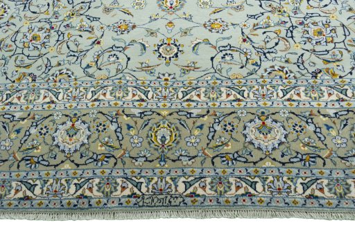 Full view of 1970s Kashan rug from Iran / Persia, 355 × 248 cm in Blue tones
