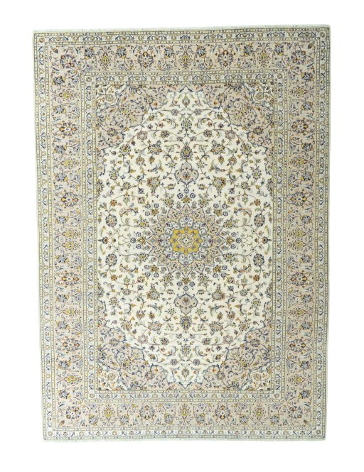 Full view of 2000s Kashan rug from Iran / Persia, 353 × 253 cm in Beige tones