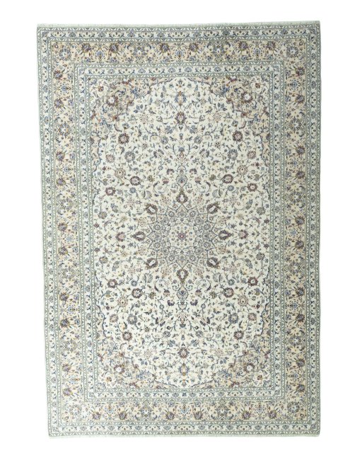 Full view of 2000s Kashan rug from Iran / Persia, 363 × 249 cm in Beige tones