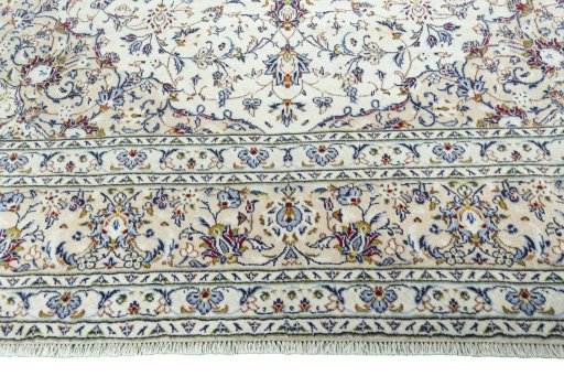 Full view of 2000s Kashan rug from Iran / Persia, 363 × 249 cm in Beige tones