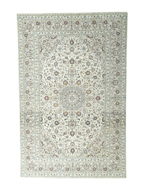 Full view of 2000s Kashan rug from Iran / Persia, 301 × 197 cm in Beige tones