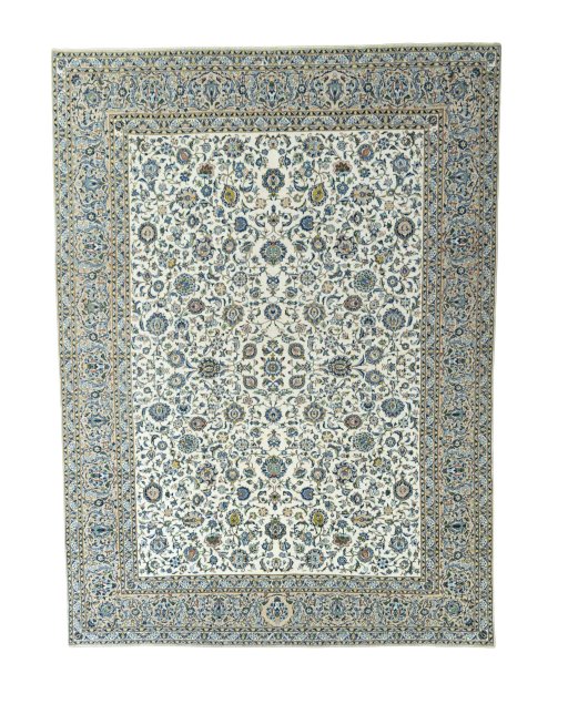 Full view of 2000s Kashan rug from Iran / Persia, 411 × 301 cm in Beige tones
