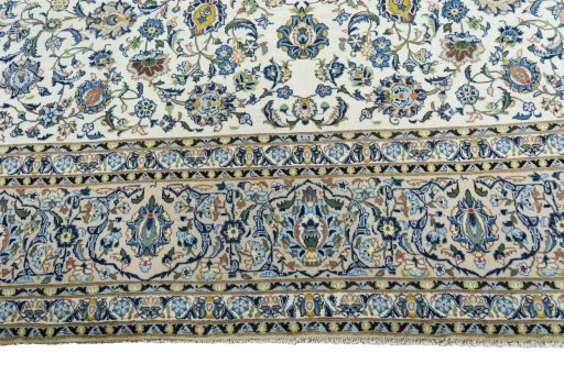 Full view of 2000s Kashan rug from Iran / Persia, 411 × 301 cm in Beige tones