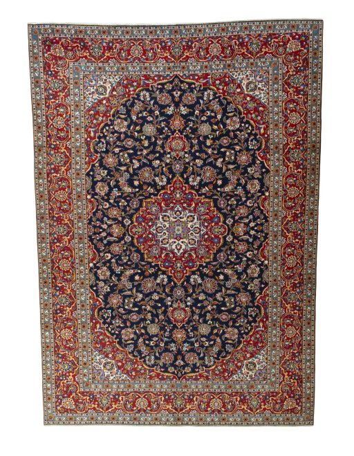 Full view of 2000s Kashan rug from Iran / Persia, 434 × 305 cm in Blue tones