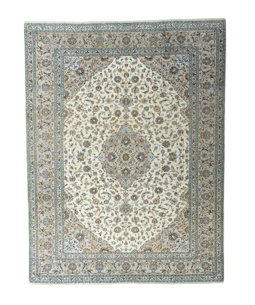 Full view of 2000s Kashan rug from Iran / Persia, 390 × 298 cm in Beige tones