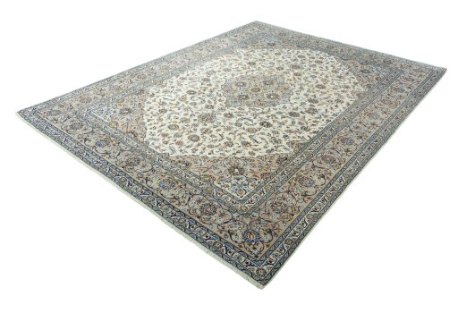 Corner detail of 2000s Kashan rug showing border pattern and Wool pile