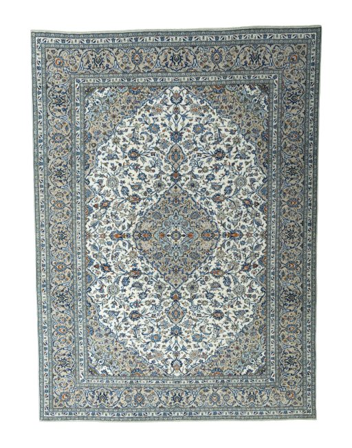 Full view of 2000s Kashan rug from Iran / Persia, 407 × 296 cm in Beige tones