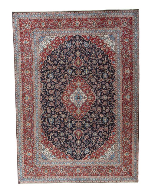 Full view of 2000s Kashan rug from Iran / Persia, 402 × 290 cm in Blue tones