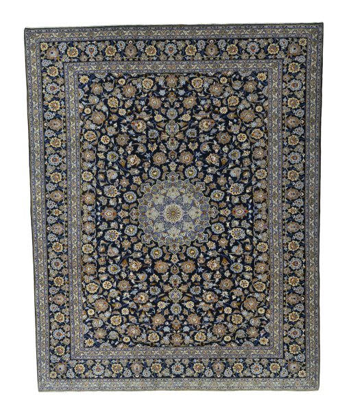 Full view of 2000s Kashan rug from Iran / Persia, 403 × 320 cm in Blue tones