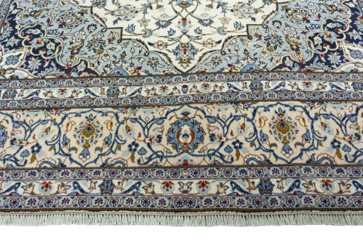 Full view of 2000s Kashan rug from Iran / Persia, 394 × 247 cm in Beige tones