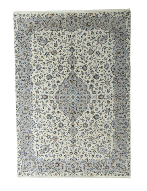 Full view of New Kashan rug from Iran / Persia, 350 × 248 cm in Beige tones