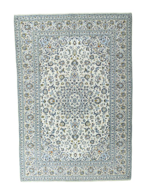 Full view of 2000s Kashan rug from Iran / Persia, 347 × 241 cm in Beige tones