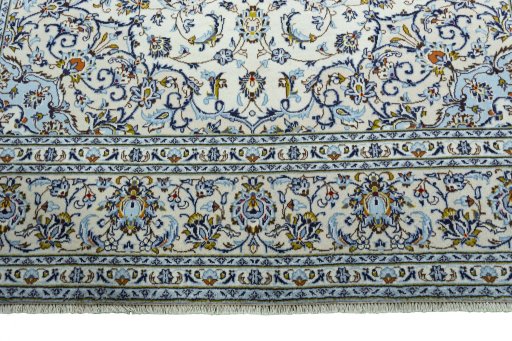 Full view of 2000s Kashan rug from Iran / Persia, 347 × 241 cm in Beige tones