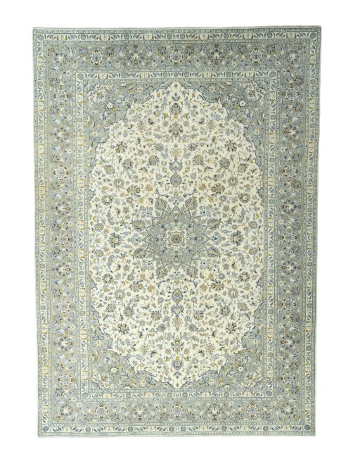 Full view of 2000s Kashan rug from Iran / Persia, 364 × 253 cm in Beige tones